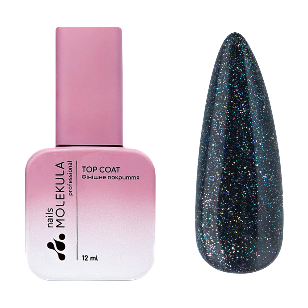 Фінішне покриття для гель-лаку Nails Molekula Professional Unicorn Rubber Top Coat райдужний, без липкого шару, 12 мл